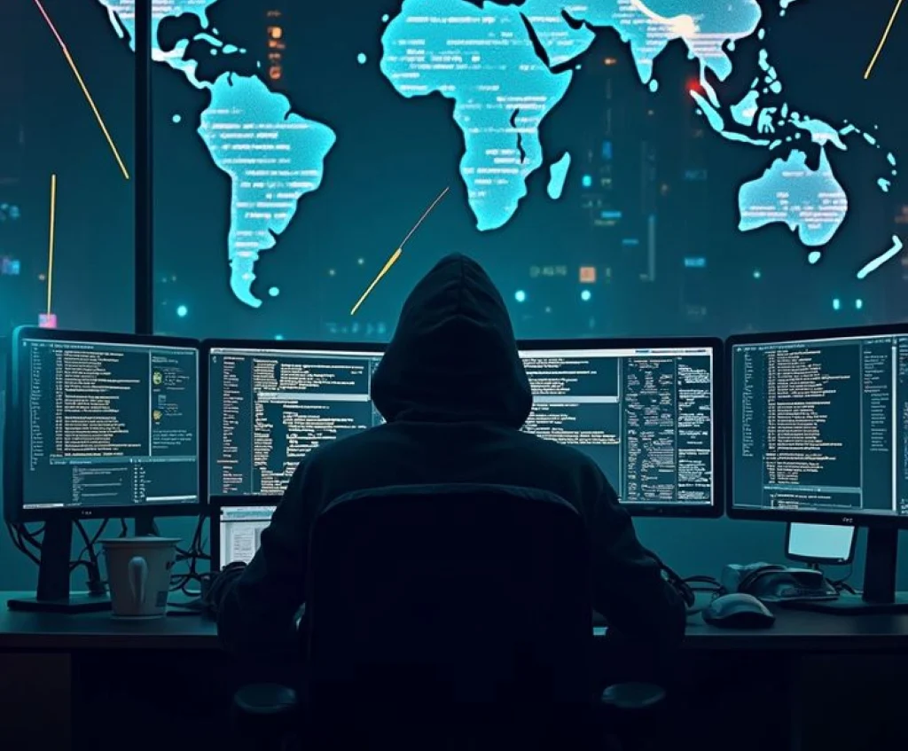 A person in a black hoodie sits at a desk with three monitors displaying code, silhouetted against a world map.